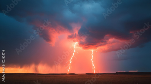 Dramatic sunset with vibrant colors and lightning across a stormy sky, creating a powerful and intense natural landscape scene.