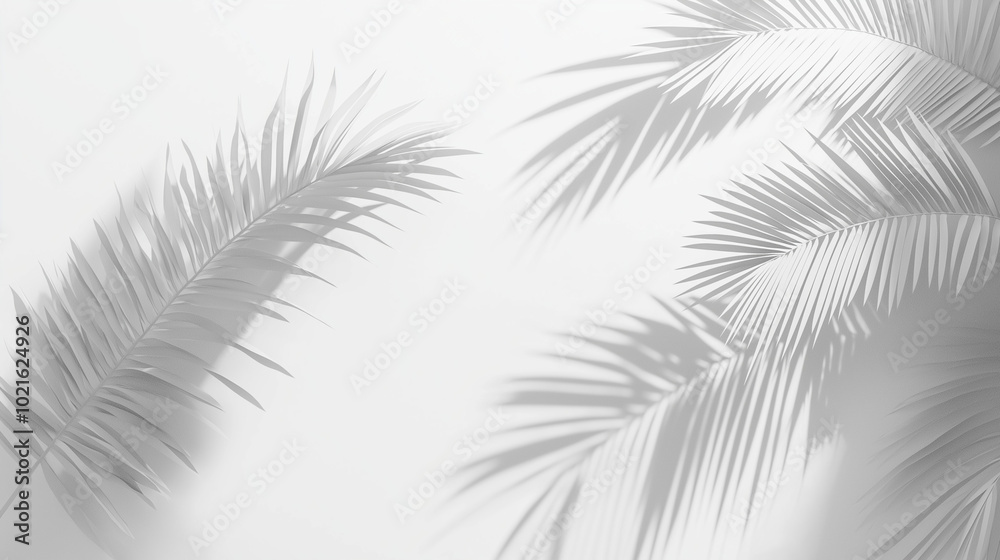 Fototapeta premium Minimalist shot of tropical palm leaf shadows cast on a bright white background