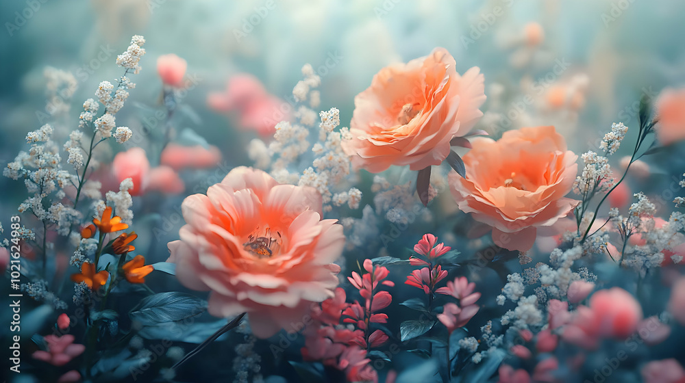 Peach and White Flowers in a Soft Blue Background Illustration Peach and White Flowers in a Soft Blue Background Illustration