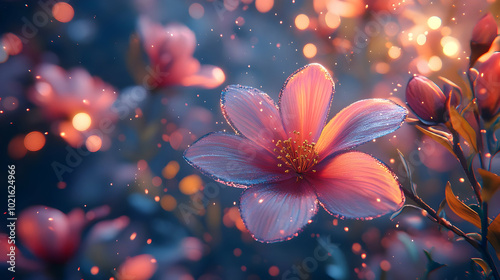 Pink Flower with Glittering Edges and Bokeh Illustration