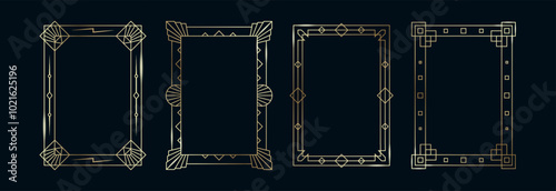 Golden Frames Set. Thin Line Gold Borders Luxury Minimalist Collection. Premium Vector Brass Outline Geometric Rectangles. Linear Decorative Tarot Banners with Black Background Isolated