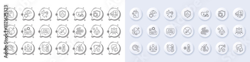 Vaccination passport, Covid test and Electronic thermometer line icons. White pin 3d buttons, chat bubbles icons. Pack of Stay home, Social care, Coronavirus icon. Vector