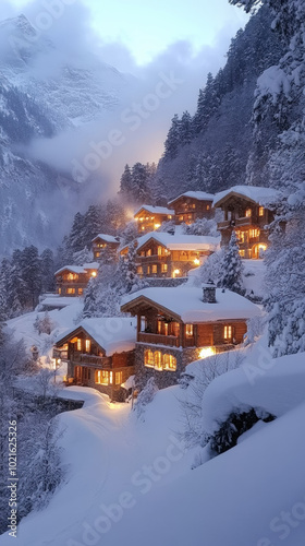 snowy village at sunset, wi...