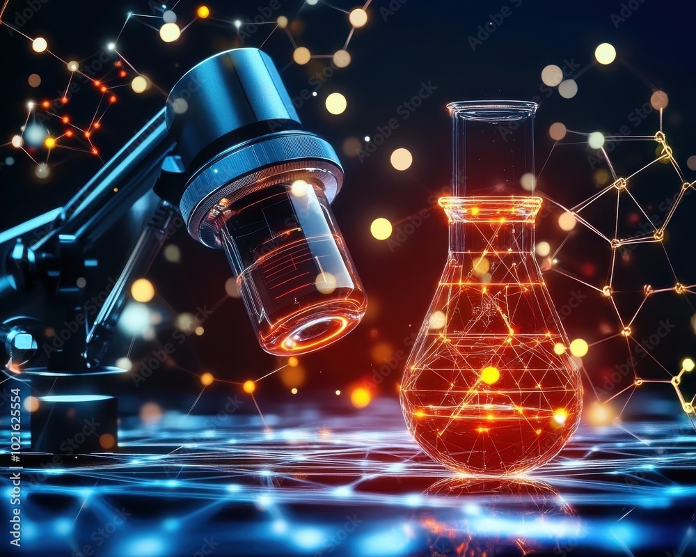 Futuristic laboratory setup with a microscope and glowing flask, showcasing innovative research and technology.