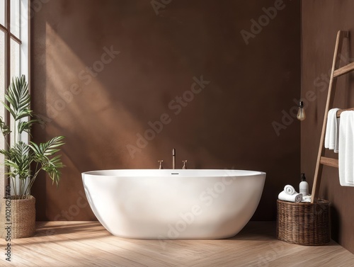 Chocolate-brown walls in a modern bathroom with a freestanding bathtub and wooden accents