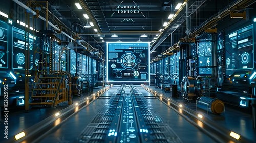 Wallpaper Mural futuristic factory interior with conveyor belt and digital screens Torontodigital.ca