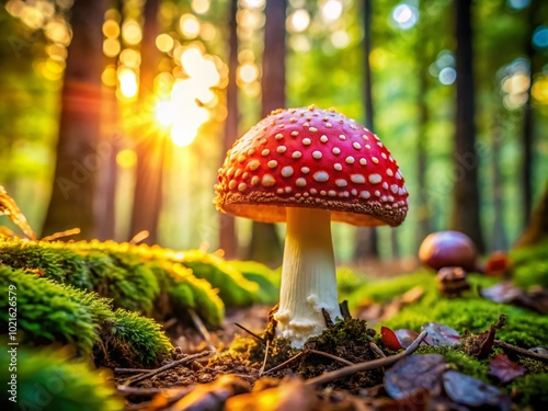 Vibrant Non-Edible Mushroom Growing Amidst Lush Greenery in a Sunlit Forest Environment