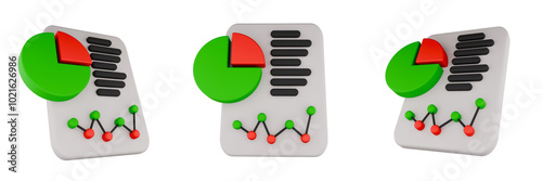Set 3D illustration of clipboard with pie chart and graph, data analysis.