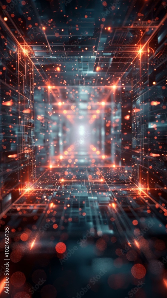 Glowing orange and blue digital cyberspace with square tunnel Glowing orange and blue digital cyberspace with square tunnel
