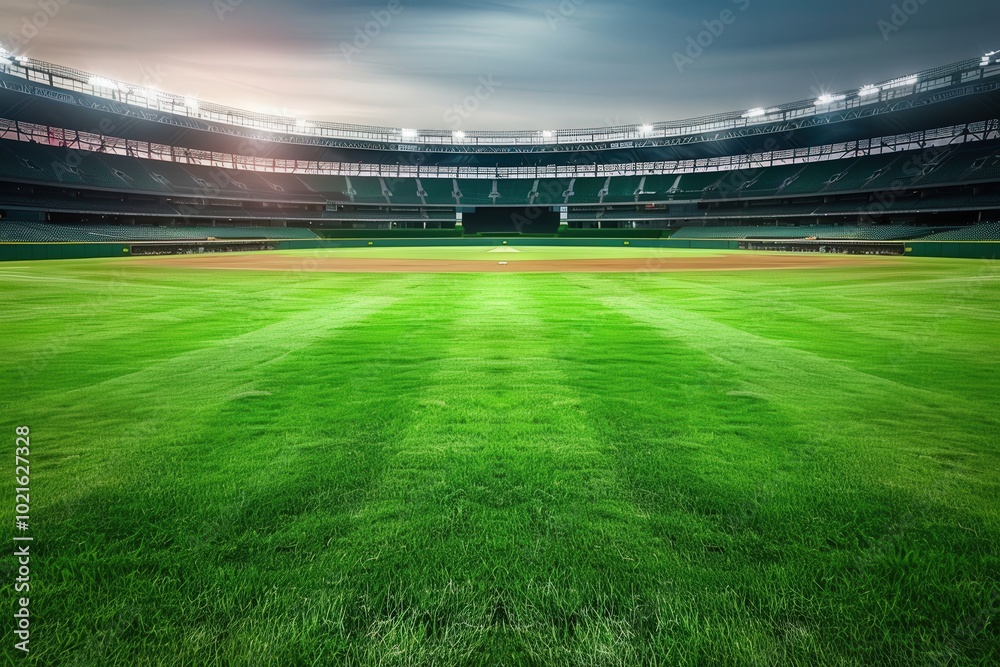 Fototapeta premium A baseball field with a green grassy field and a stadium in the background. generative ai image