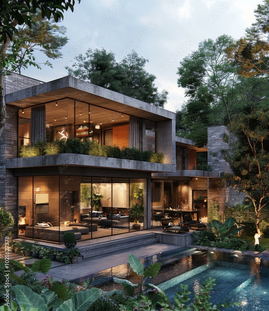Obraz premium Modern Concrete House with Lush Tropical Garden and Pool