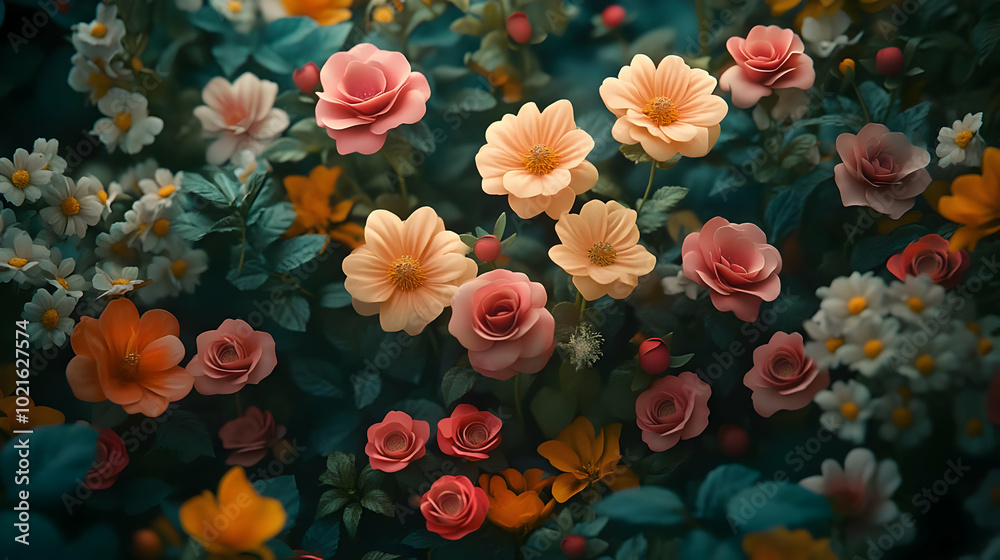 Floral Illustration with Pink, Orange, and White Flowers Floral Illustration with Pink, Orange, and White Flowers