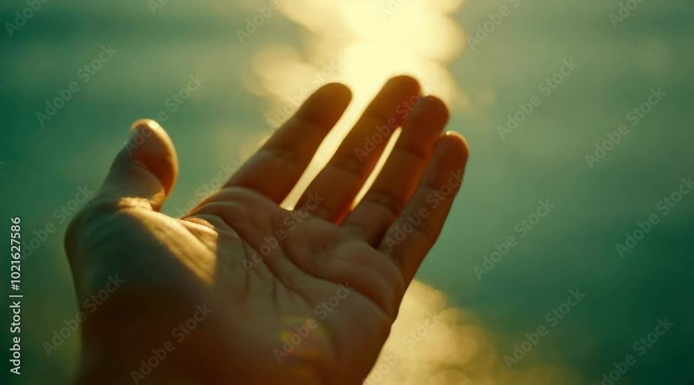 Hand praying and reaching towards blue sky