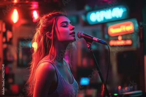 a woman standing in front of a microphone