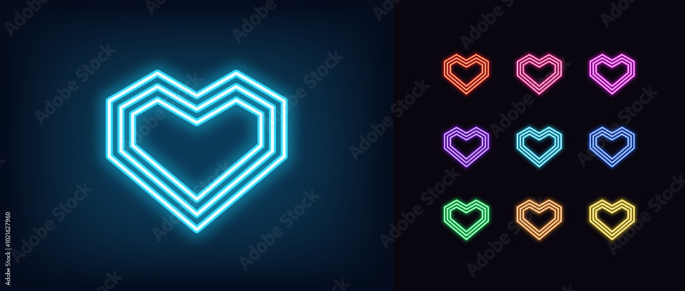 Outline neon geometric heart, icon set. Glowing neon angular heart with concentric outline silhouette. Digital love, romantic symbol, retro heart sign, geometric angular shape, amour. Vector icons Outline neon geometric heart, icon set. Glowing neon angular heart with concentric outline silhouette. Digital love, romantic symbol, retro heart sign, geometric angular shape, amour. Vector icons