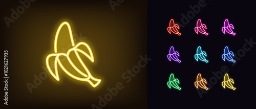 Outline neon banana icon set. Glowing neon banana fruit with opened peel, outline silhouette. Ripe tropical fruit, banana garden, organic food, fruit diet, summer vitamins, health food. Vector icons