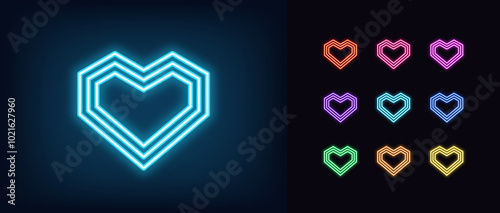 Outline neon geometric heart, icon set. Glowing neon angular heart with concentric outline silhouette. Digital love, romantic symbol, retro heart sign, geometric angular shape, amour. Vector icons