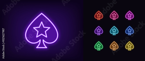 Outline neon poker spade icon set. Glowing neon spade suit with star icon, outline silhouette. Royal poker game, spades ace, play card suit, poker superstar, casino playroom, jackpot. Vector icons