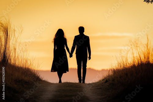 Young Couple Walking At Sunset