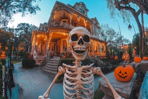 Funny Skeleton Taking a Selfie In Front Of a Haunted Mansion Decorated for Halloween, Scary Halloween Concept