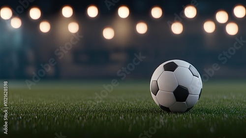 A soccer ball lies on the vibrant green turf of an indoor stadium, illuminated by bright lights, ready for an exciting match atmosphere to unfold in a professional setting