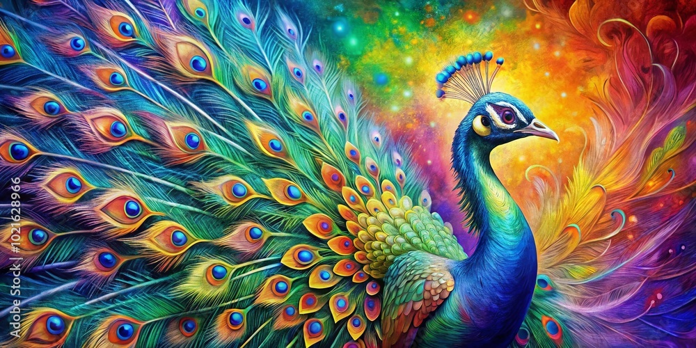 Fototapeta premium Vibrant Peacock Painting with Stunning Iridescent Feathers on a Colorful Abstract Background