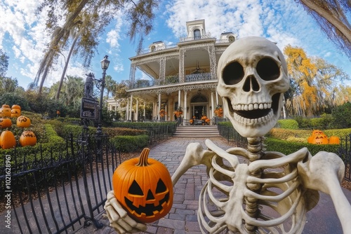 Funny Skeleton Taking a Selfie In Front Of a Haunted Mansion Decorated for Halloween, Scary Halloween Concept