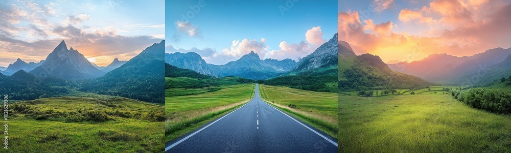 Naklejka premium Pictures of a road going through a valley, travel