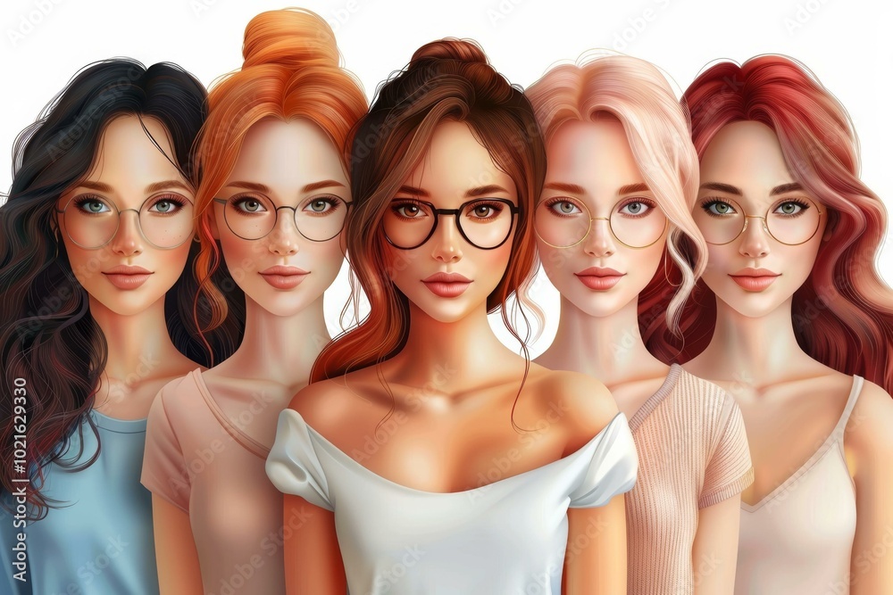 Obraz premium Group of diverse young women with different hair colors wearing glasses