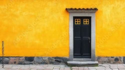 Elegant Architectural Entrance with Yellow Wall and Black Door in High-Quality Product Photography Style