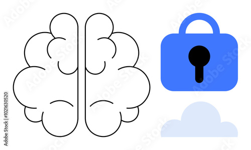 Brain with a padlock and cloud represents digital privacy and mental security. Ideal for technology, security, data protection, mental health, and cloud computing themes. Minimal, modern, abstract