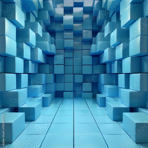 Blue 3D Room With Geometric Shapes