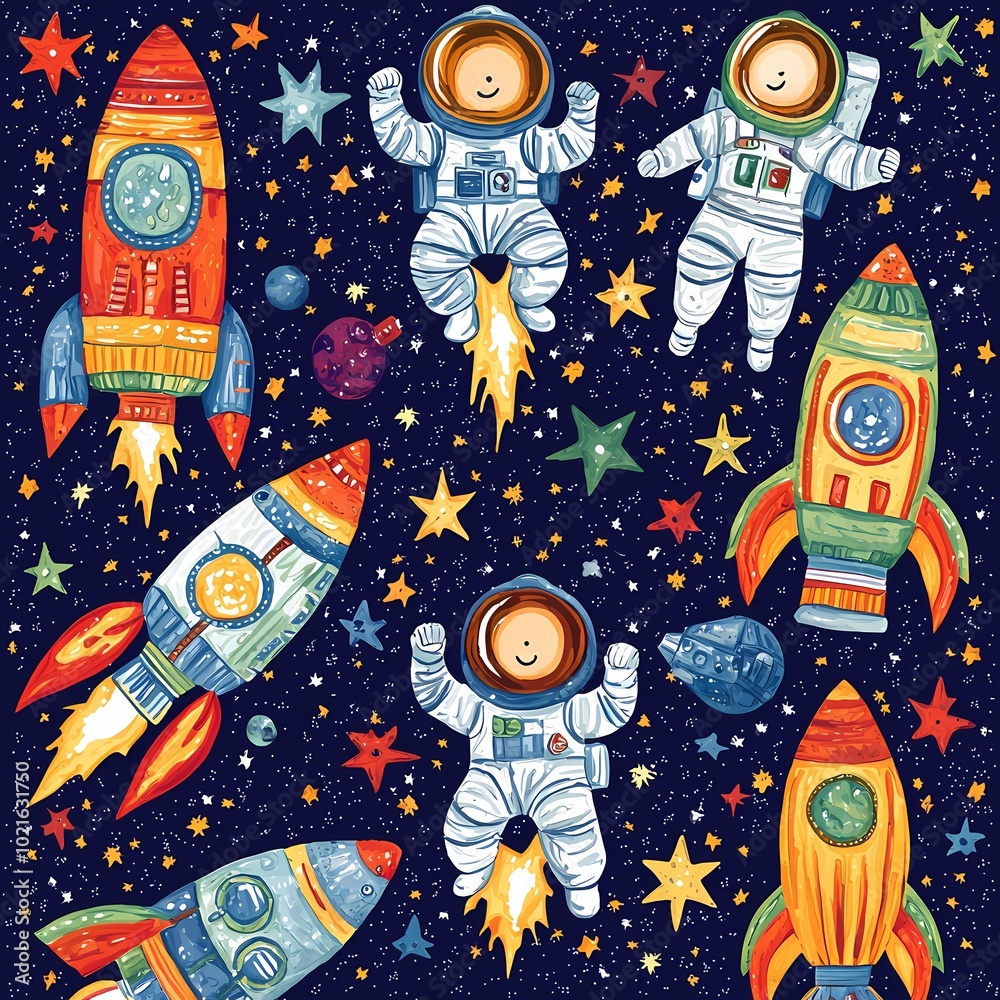 Fototapeta premium Playful Astronauts in Outer Space Scene