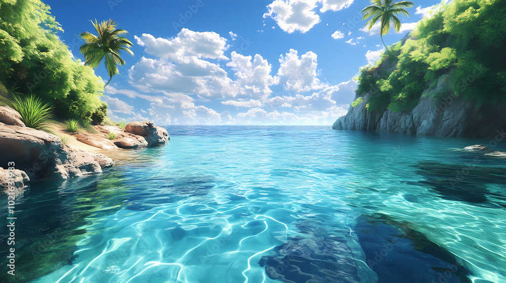 Fototapeta premium Tranquil sea lagoon picture. Crystal-Clear Lagoon. Illustration