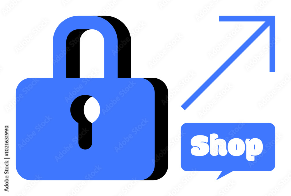 Blue lock symbol, upward arrow, and speech bubble with text Shop. Ideal for online security, e-commerce growth, safe shopping, digital retail, and online business. Simple vector style Blue lock symbol, upward arrow, and speech bubble with text Shop. Ideal for online security, e-commerce growth, safe shopping, digital retail, and online business. Simple vector style