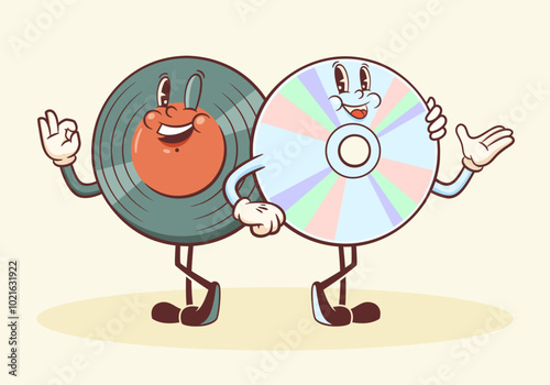 Groovy Vinil and CD Retro Characters. Cartoon Music Disk Record Personage Walking, Whistling and Smiling. Vector Funny Disco Mascot Template. Happy Vintage Cool Illustration Isolated photo