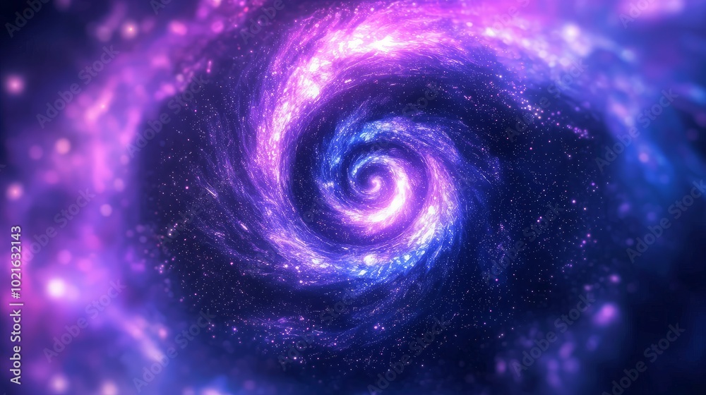 Abstract cosmic swirl with vibrant colors and glowing stars in deep space.