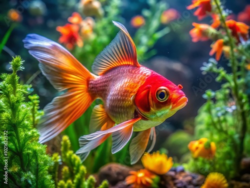 Vibrant Red Cap Goldfish Swimming Gracefully in a Clear Aquarium Full of Colorful Plants and Decor