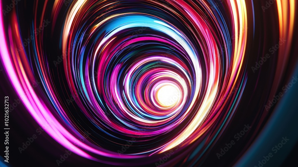 Abstract swirling colorful light tunnel with a bright white light at the end.