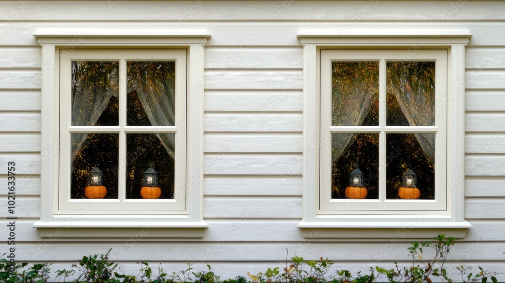 The inviting home interior features white wooden-framed windows adorned with seasonal decor, while autumn foliage creates a stunning backdrop filled with warmth and charm. The inviting home interior features white wooden-framed windows adorned with seasonal decor, while autumn foliage creates a stunning backdrop filled with warmth and charm.