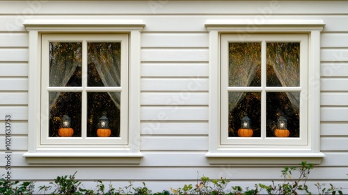 The inviting home interior features white wooden-framed windows adorned with seasonal decor, while autumn foliage creates a stunning backdrop filled with warmth and charm.