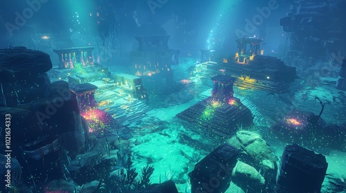 An underwater city with glowing lights and structures, reminiscent of an ancient civilization.