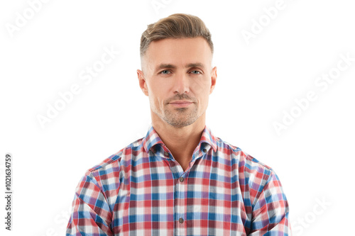 Casual style of man. Guy has stylish haircut. Man with trendy hairstyle. Male haircut. Casual male style portrait. Mature portrait. Mature man isolated on white. Stylish man portrait