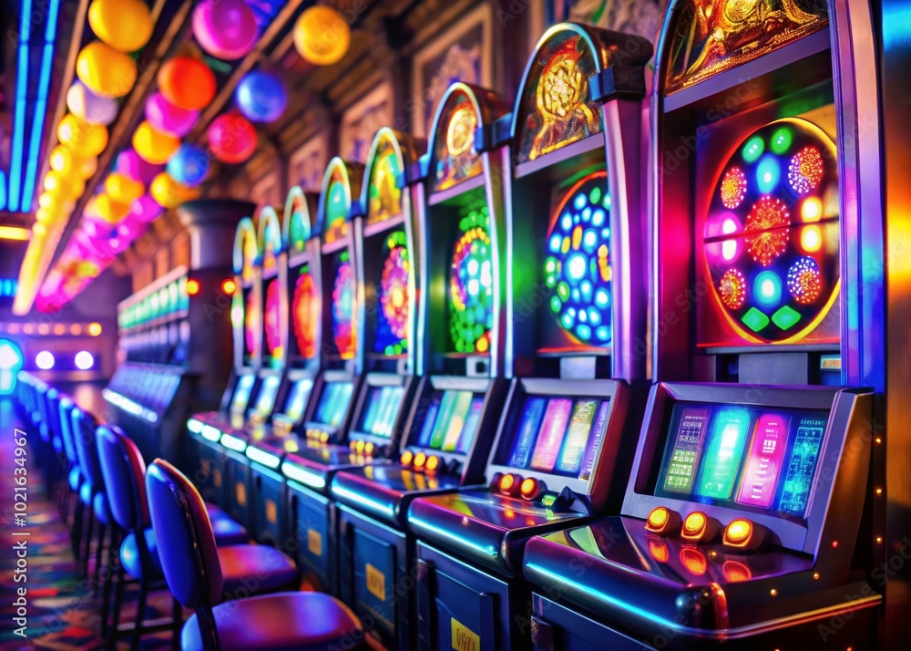 Vibrant Slot Machine Display with Colorful Symbols and Lights in a Casino Gaming Environment Vibrant Slot Machine Display with Colorful Symbols and Lights in a Casino Gaming Environment
