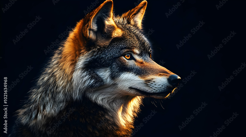 Fototapeta premium Wolf Portrait: Golden Fur in the Dark