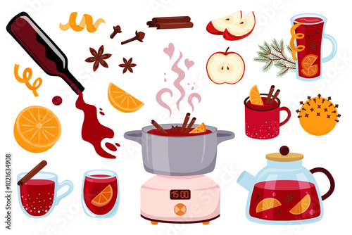 Stock vector mulled wine ingredients. Punch in glasses, mugs, pot. Red wine, citrus, spices. Vector illustration set.