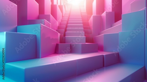 3D rendering of a staircase leading up to a glowing portal in a surreal environment