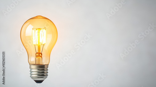 A glowing vintage light bulb emits a warm yellow hue against a clean, white background, symbolizing ideas and creativity.