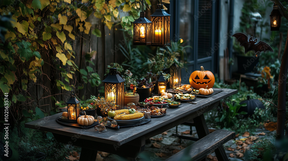 ハロウィンの小さな庭でのディナー