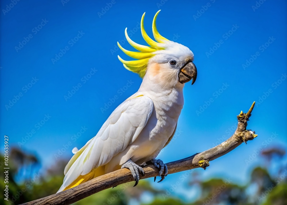 Vibrant Sulfur-Crested Cockatoo Perched on a Branch Against a Clear Blue Sky in Natural Habitat Vibrant Sulfur-Crested Cockatoo Perched on a Branch Against a Clear Blue Sky in Natural Habitat